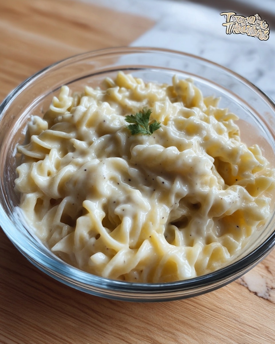 A clear glass oval bowl holds a creamy macaroni pasta dish. The pasta is spiral-shaped and coated generously with a thick, smooth white sauce, which has a slightly glossy texture. Small bits of herbs or seasoning are visible within the sauce, giving a speckled appearance. In the center, a small sprig of fresh green cilantro sits on top, adding a pop of color. The bowl is placed on a wooden surface, but the background is changed to a white marbled texture. photo taken with an iphone --ar 4:5 --v 7