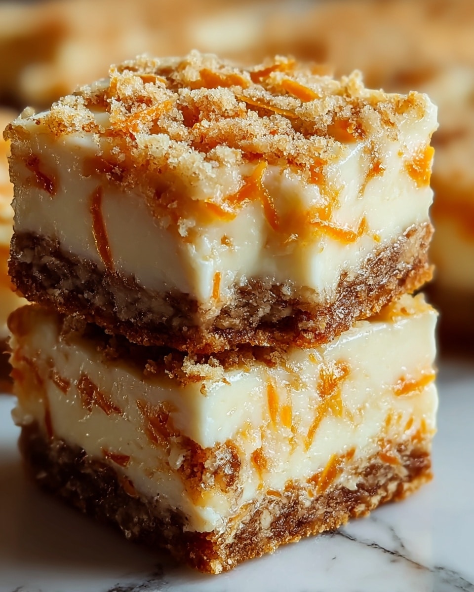 The image shows a close-up of two stacked dessert bars with three distinct layers: the bottom layer is a dense, crumbly, brownish crust mixed with finely shredded orange bits, the middle layer is a thick, creamy, off-white filling, and the top layer features a mix of more orange bits and a light brown crumbly topping sprinkled evenly, giving a textured look. The dessert bars have a slightly moist appearance, with the top layer showing a bit of glistening from the crumbly topping. The background is blurred, focusing closely on the stacked bars placed on a surface with a white marbled texture. photo taken with an iphone --ar 4:5 --v 7