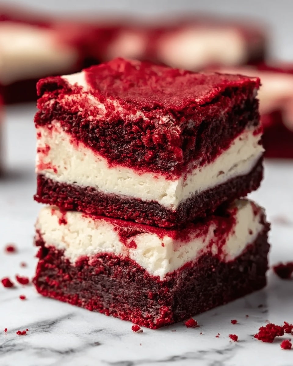 Two pieces of red velvet cheesecake brownies stacked on top of each other, showing three layers: a dark red moist brownie base, a white creamy cheesecake middle, and a thin red velvet crumb layer on top. The brownies have slightly rough edges, with some crumbs around them, all sitting on a white marbled surface. The background is softly blurred in dark tones. Photo taken with an iphone --ar 4:5 --v 7