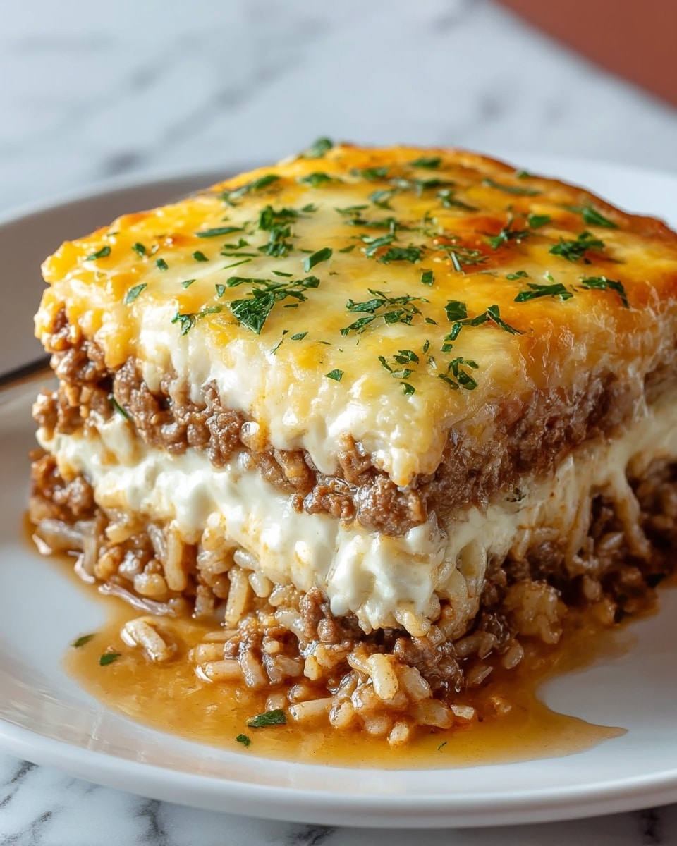 A close-up of a thick, square slice of layered casserole on a white plate, placed on a white marbled surface; the bottom layer is a mix of cooked ground beef and rice, dark brown with a moist texture, topped by a creamy white sauce layer that is soft and smooth, followed by a golden melted cheese layer with browned spots and sprinkled green herbs on top; some sauce has spilled slightly onto the plate, and green herb bits are scattered around the dish; a blurred spoon is visible in the background. photo taken with an iphone --ar 4:5 --v 7