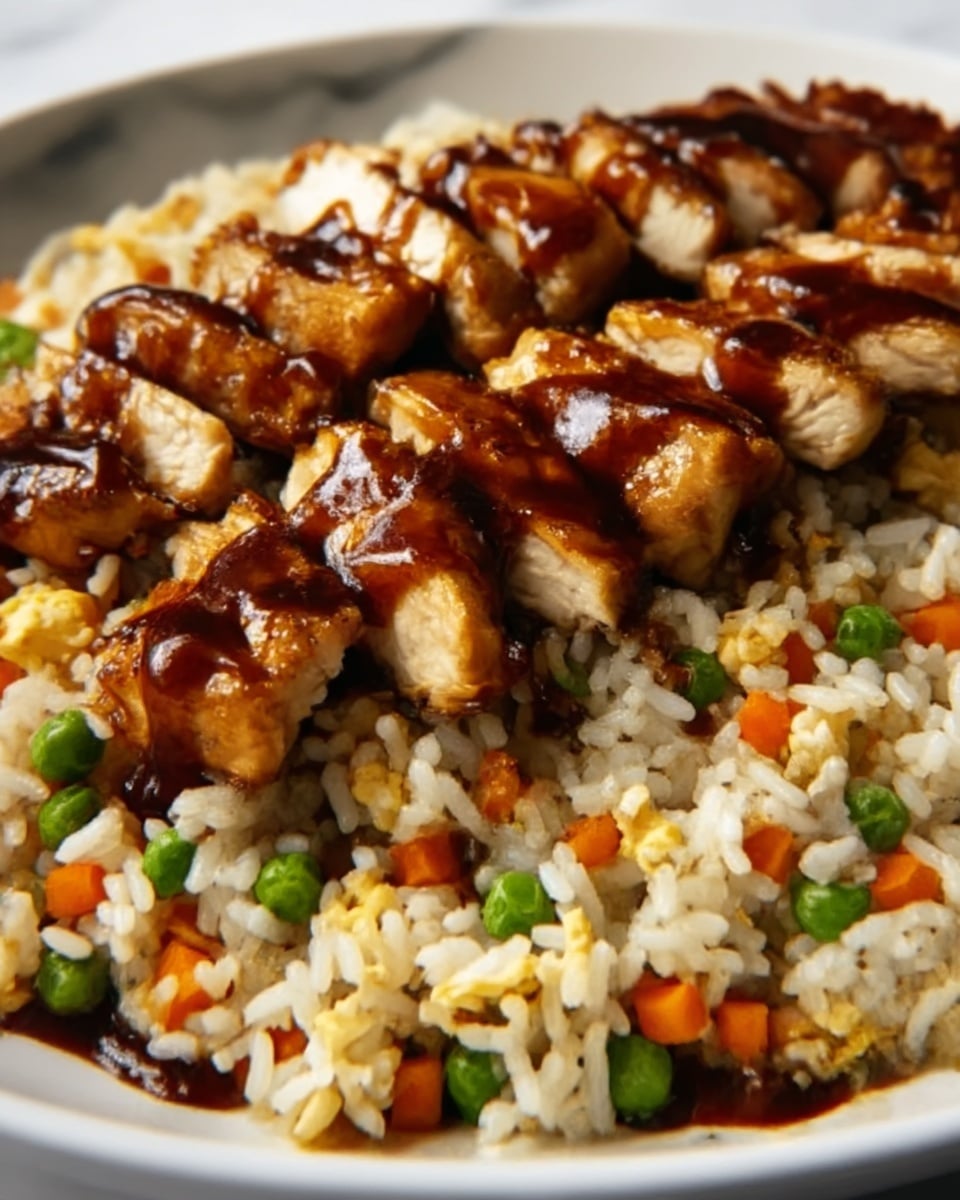 The image shows a close-up of a dish with two main layers: the bottom layer is a mix of cooked white rice with small pieces of green peas, orange carrots, and bits of scrambled egg, giving it a colorful and textured appearance. On top of the rice, there are pieces of grilled chicken coated in a glossy dark brown sauce, arranged evenly over the rice. The chicken pieces have a shiny, slightly sticky look. The dish is set on a white plate placed on a white marbled surface. Photo taken with an iphone --ar 4:5 --v 7