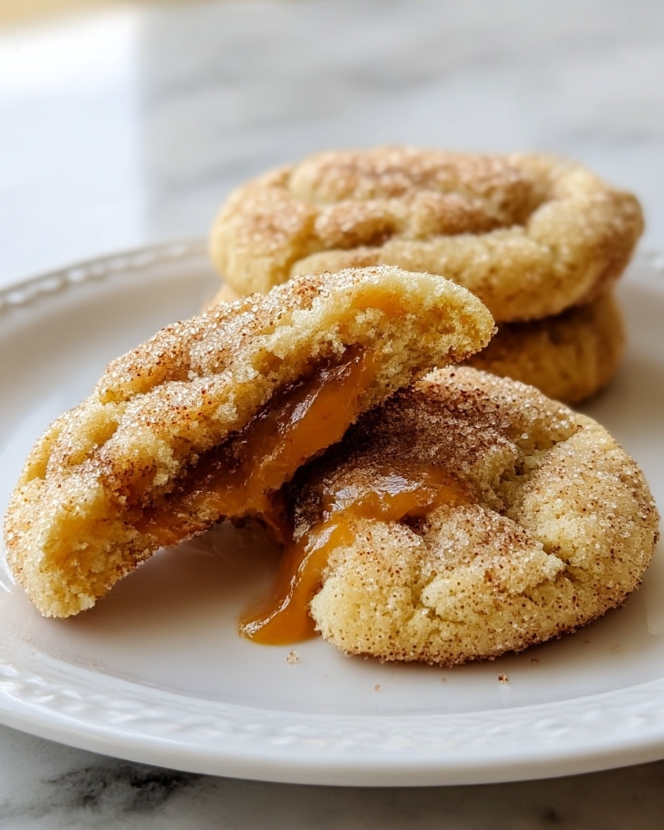 Two soft cookies are placed on a white plate with one whole cookie flat on the plate and another cookie broken in half leaning on it. The cookies have a cracked texture with a light golden color and are coated in a layer of brown sugar and cinnamon crystals that sparkle slightly. Inside the broken cookie, there is a thick, gooey caramel filling that looks rich and sticky, flowing from the center. The plate is set on a white marbled surface under natural light. photo taken with an iphone --ar 4:5 --v 7