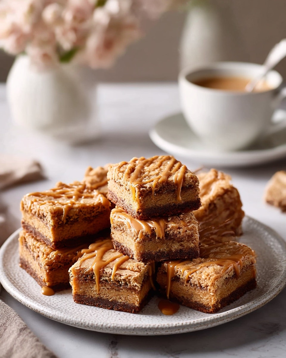 The image shows five thick square bars stacked on a round white plate with a speckled texture. Each bar has two clear layers: the bottom layer is dark brown and dense, while the top layer is light brown and crumbly. The bars are drizzled with a smooth caramel-colored sauce that shines in the light. The plate sits on a surface with a white marbled texture, and in the background, there is a blurred cup of coffee on a white saucer and a vase with pale flowers. A few small round nuts lie scattered near the plate. photo taken with an iphone --ar 4:5 --v 7