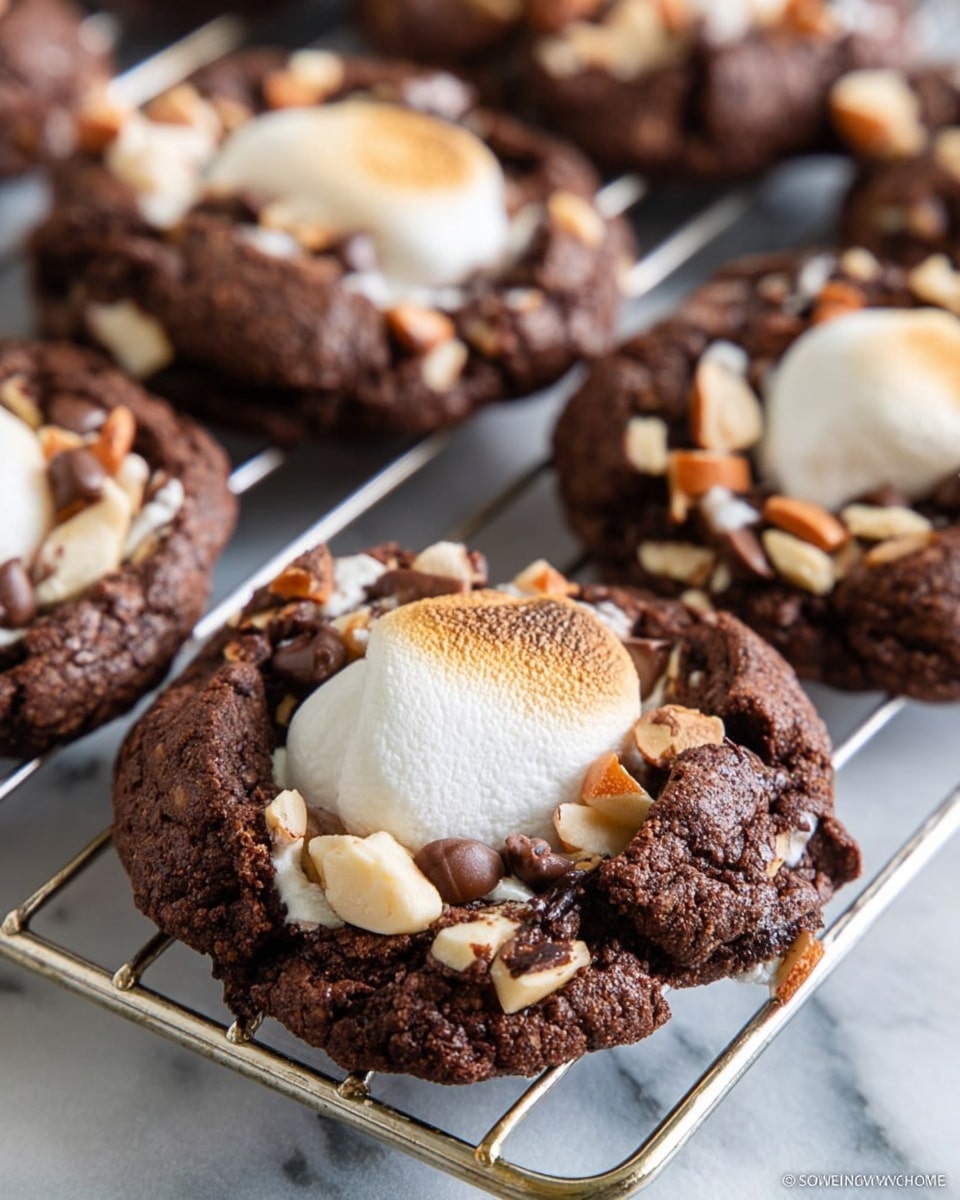 The image shows three chocolate cookies cooling on a metal rack over a white marbled surface. Each cookie has a rough, chunky texture with dark brown chocolate, mixed with small light brown almond pieces embedded throughout. In the center of every cookie, there is a large, soft, slightly toasted marshmallow with a pale beige top, creating a raised layer above the chocolate cookie base. The close-up view highlights the contrast between the crunchy almond bits, the soft marshmallow, and the dense chocolate cookie. photo taken with an iphone --ar 4:5 --v 7