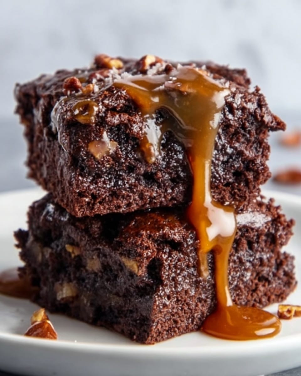 The image shows two thick, dark brown chocolate brownies stacked on a white plate. The brownies have a slightly crumbly texture with small pieces of nuts mixed inside. The top brownie is drizzled with a golden caramel sauce that flows down the sides onto the plate. The nuts on top add a crunchy texture, contrasting with the sticky caramel and moist brownies. The background is a white marbled surface. photo taken with an iphone --ar 4:5 --v 7