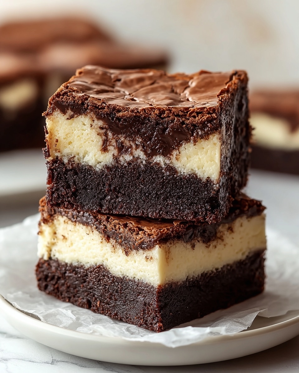 Two stacked brownies are shown on a white plate with a white marbled texture surface. Each brownie has three layers: the bottom layer is dark rich chocolate, the middle layer is a creamy light beige, and the top layer is dark chocolate with a slightly cracked, shiny texture. The brownies are thick and soft, with some crumbs visible around them. photo taken with an iphone --ar 4:5 --v 7