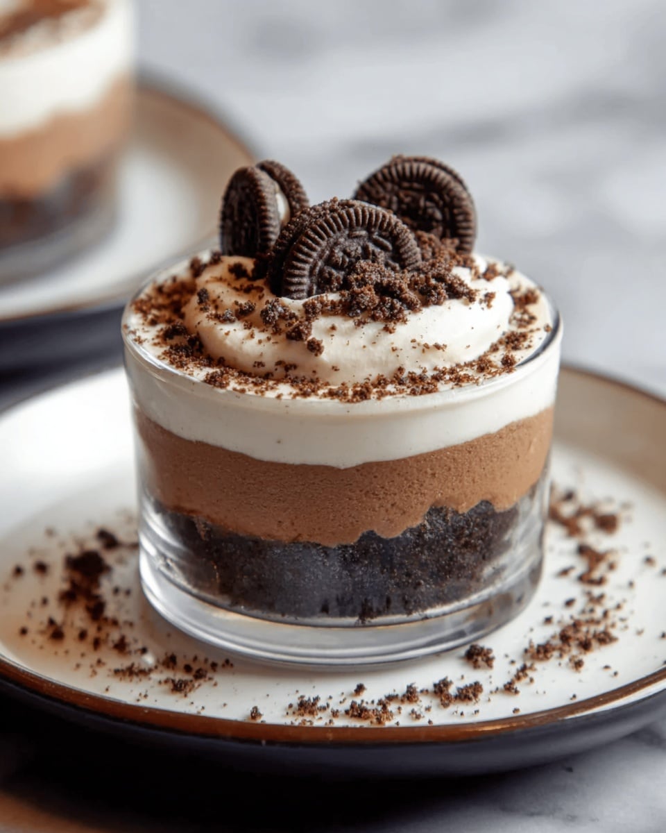 The image shows a clear glass dessert cup with three distinct layers: the bottom layer is dark brown and crumbly like crushed cookies, the middle layer is smooth and medium brown like chocolate mousse, and the top layer is light cream with a fluffy texture. On top, there are small dark cookie pieces and larger cookie halves placed as decoration. The dessert cup sits on a white plate with a thin brown rim, all set on a white marbled surface. In the background, there are blurred similar desserts. photo taken with an iphone --ar 4:5 --v 7