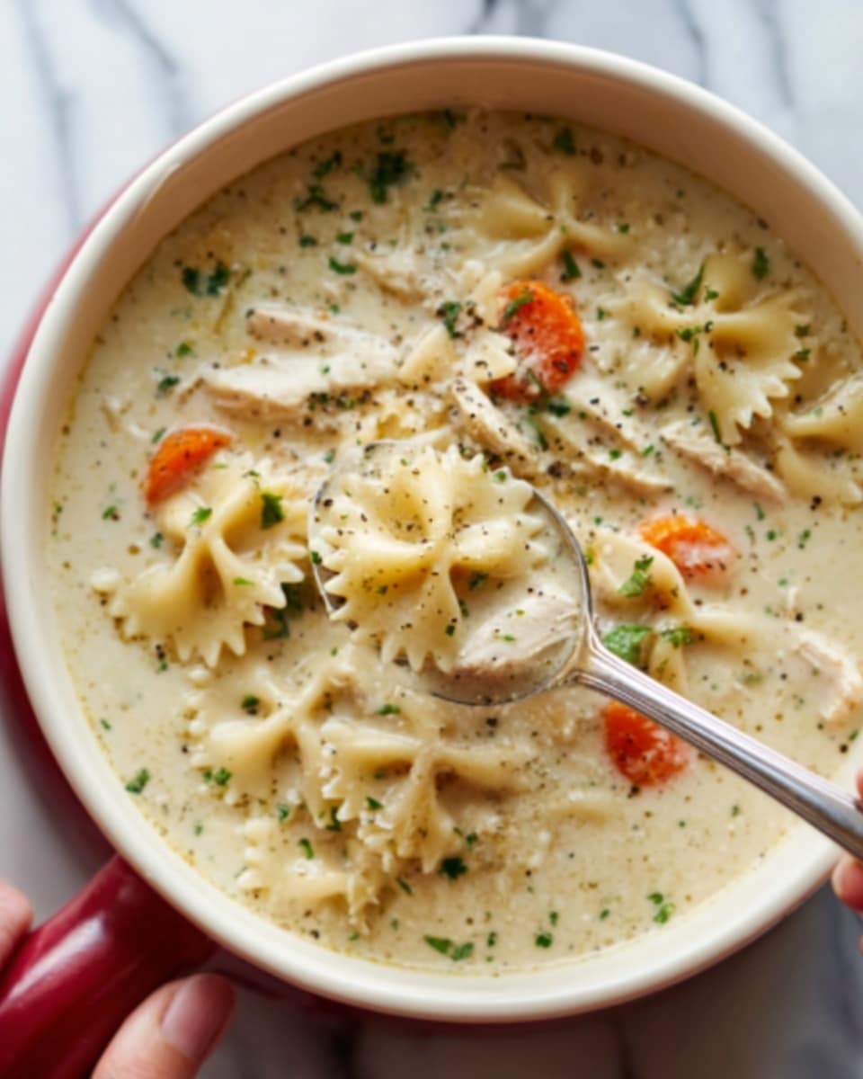 The image shows a creamy soup in a white pot, filled with small bow-tie pasta pieces floating on the surface. The soup has a light beige color with visible specks of green herbs and small bits of orange carrot pieces scattered throughout. A silver spoon is partially dipped into the soup, lifting some pasta and vegetables above the surface. The background is a white marbled texture. Photo taken with an iphone --ar 4:5 --v 7