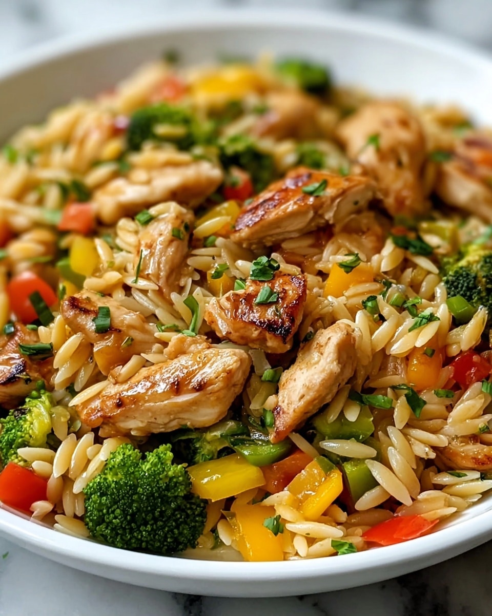 A white plate is filled with a colorful stir-fry dish featuring five main layers: at the bottom, long, light brown orzo pasta grains are scattered, lightly glistening. On top of this pasta, medium-sized pieces of golden-brown grilled chicken are distributed evenly, showing grill marks and a slightly caramelized texture. Bright green broccoli florets are nestled among the chicken pieces, adding a fresh, vibrant touch. Mixed throughout are pieces of red and yellow bell peppers, giving bold pops of color with their smooth, shiny surfaces. Small bits of chopped green herbs are sprinkled across the whole dish, adding freshness and contrast. The photo is taken on a white marbled surface. photo taken with an iphone --ar 4:5 --v 7