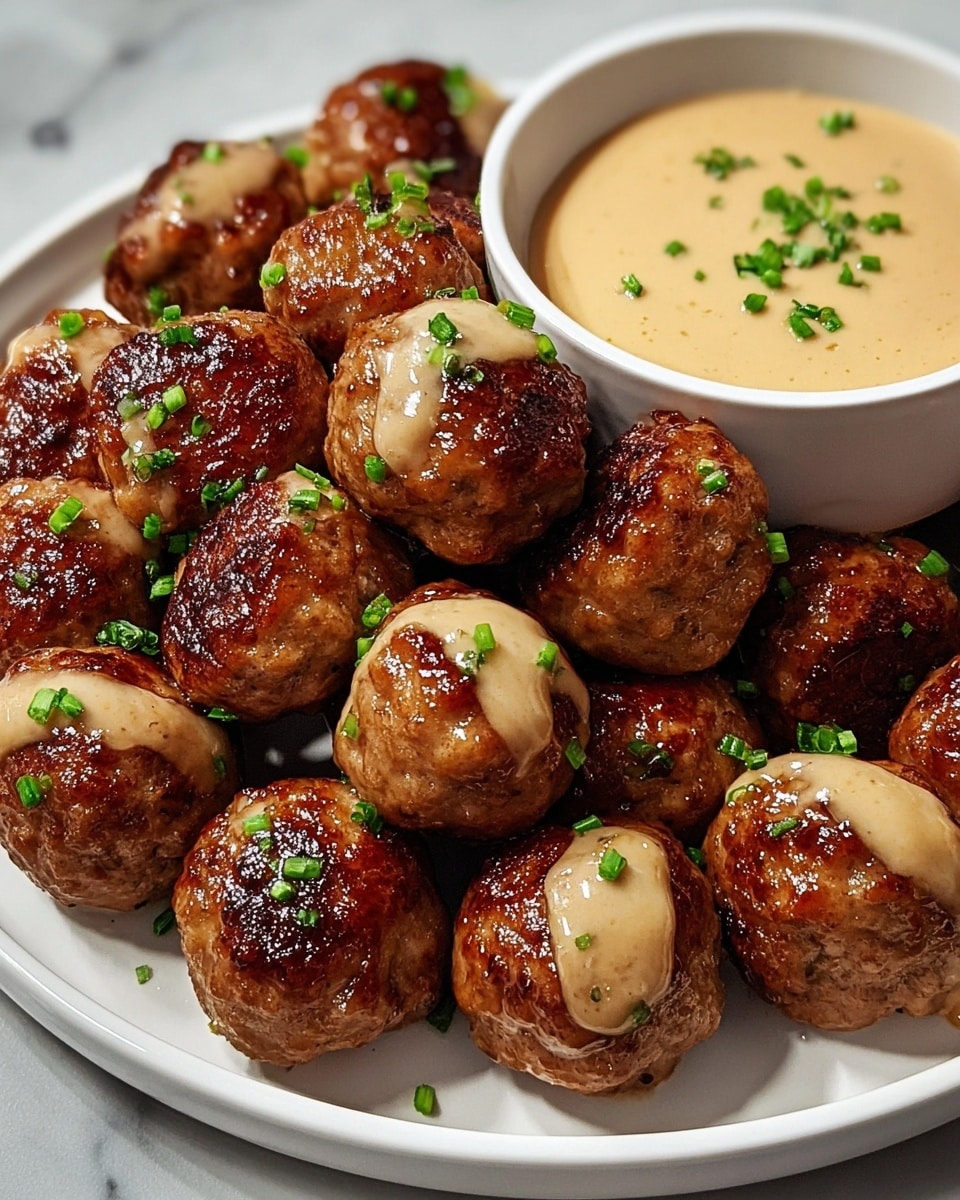 A white plate filled with two layers of shiny, brown meatballs, each topped with a smooth, creamy light brown sauce drizzled unevenly over the top. The meatballs are garnished with small pieces of chopped green herbs scattered on top. In the center of the plate, there is a white bowl filled with the same creamy brown sauce, also sprinkled with green herbs. The plate sits on a white marbled surface. photo taken with an iphone --ar 4:5 --v 7