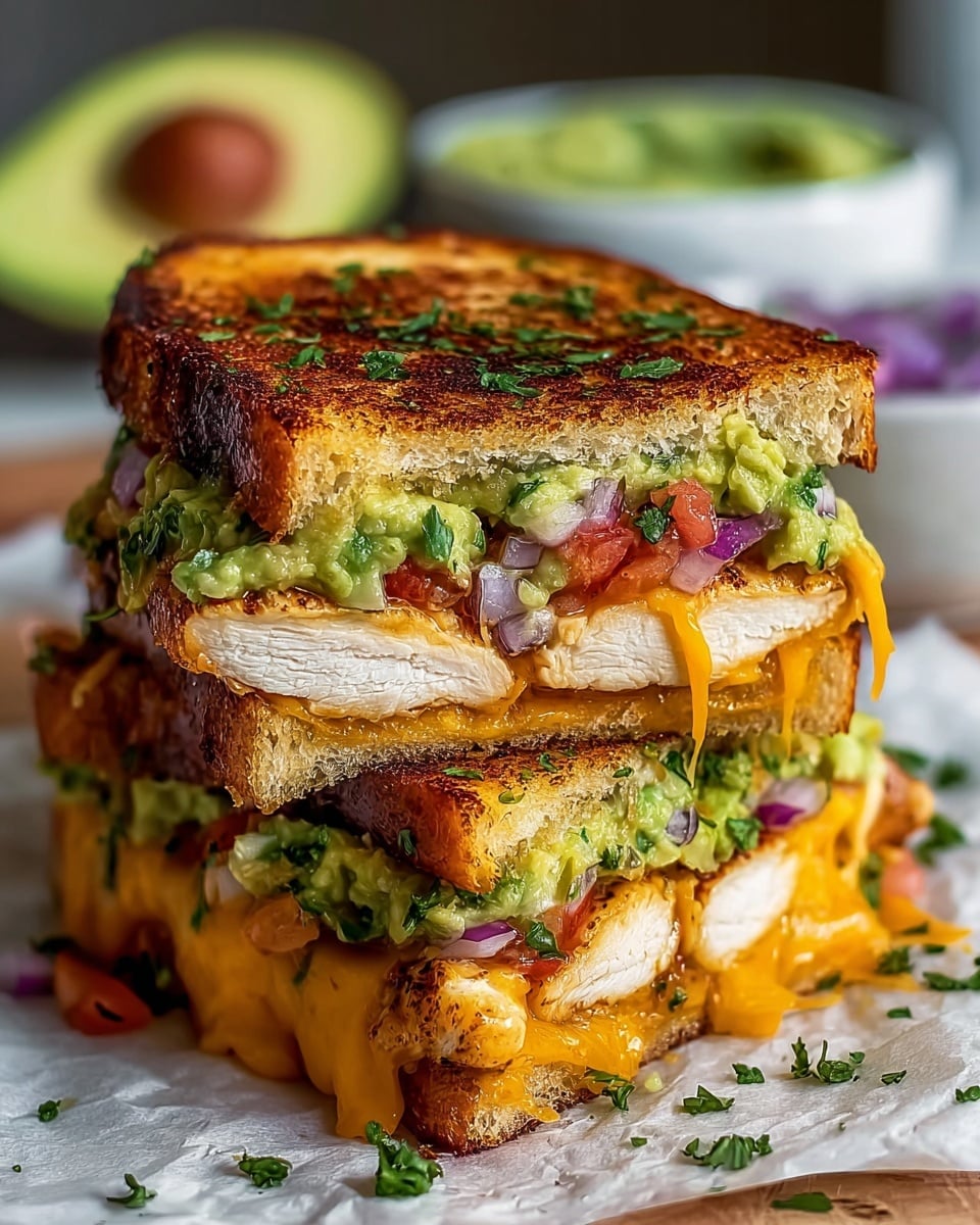 A close-up of a thick sandwich cut in half and stacked, showing three layers of toasted bread with a golden-brown crispy crust on top and bottom, each slice with a crunchy texture. The middle layers feature thick, juicy grilled chicken breast that is white with grill marks, melted orange cheddar cheese dripping around the edges, fresh diced red onions and small chunks of tomato, and a layer of green guacamole spread on the top inner part of the sandwich. The sandwich is on a white marbled surface with scattered chopped green herbs on the bottom. The background is softly blurred with warm tones. Photo taken with an iphone --ar 4:5 --v 7
