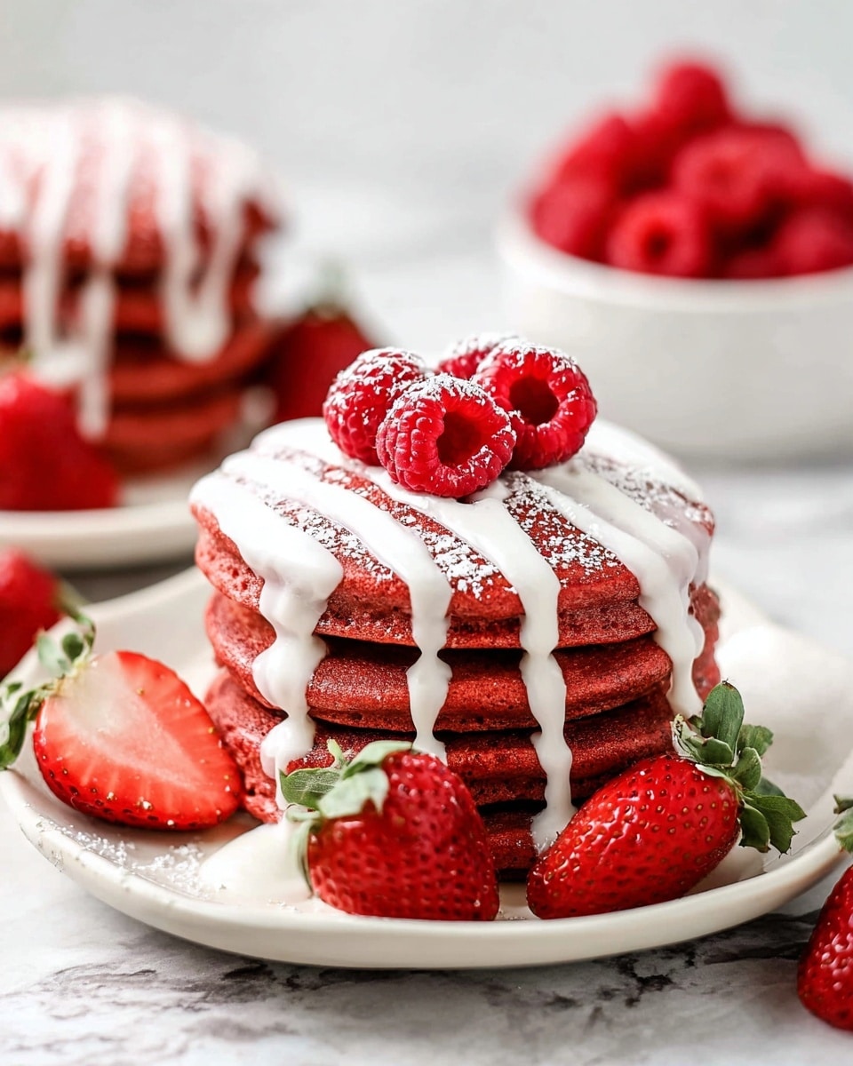 A stack of five thick red pancakes sits centered on a white plate, each pancake smooth-textured and evenly layered. White icing is drizzled generously over the top, dripping down the sides in thin streams. On top of the stack are three bright red raspberries, fresh and plump, with more scattered around the plate along with halved strawberries showing their juicy red insides and green leaves. In the blurred background, another similar stack of pancakes is visible with the same white icing and raspberries, all set on a white marbled surface. photo taken with an iphone --ar 4:5 --v 7