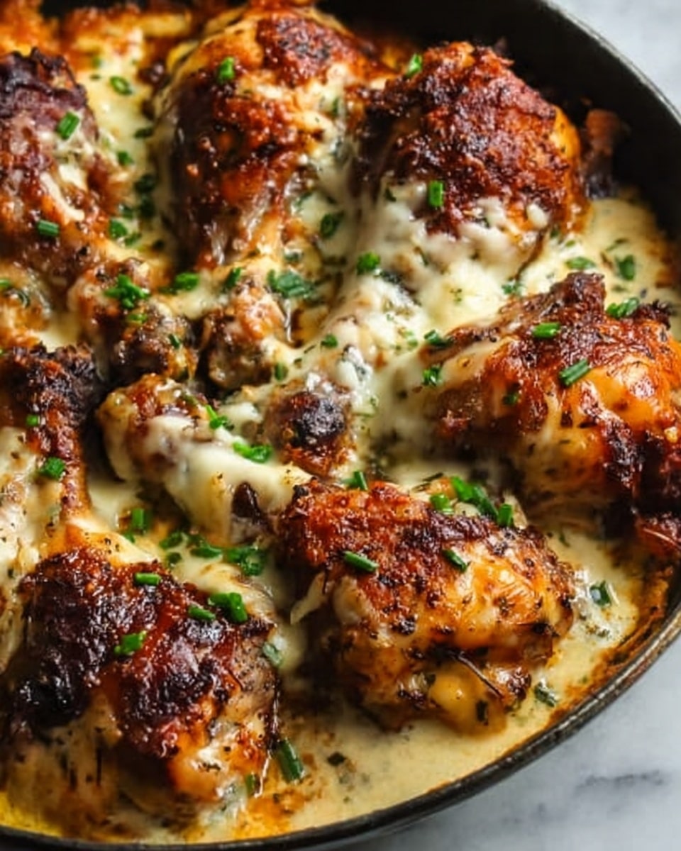A close-up view of a skillet full of baked chicken drumsticks covered with melted cheese. The chicken has a browned, slightly crispy skin with a mix of golden and deeper brown colors. On top, there is a layer of creamy melted cheese that is lightly browned in spots. Small green herbs are sprinkled over the cheese, adding a fresh touch of green. The skillet is black and sits on a white marbled surface. Photo taken with an iphone --ar 4:5 --v 7