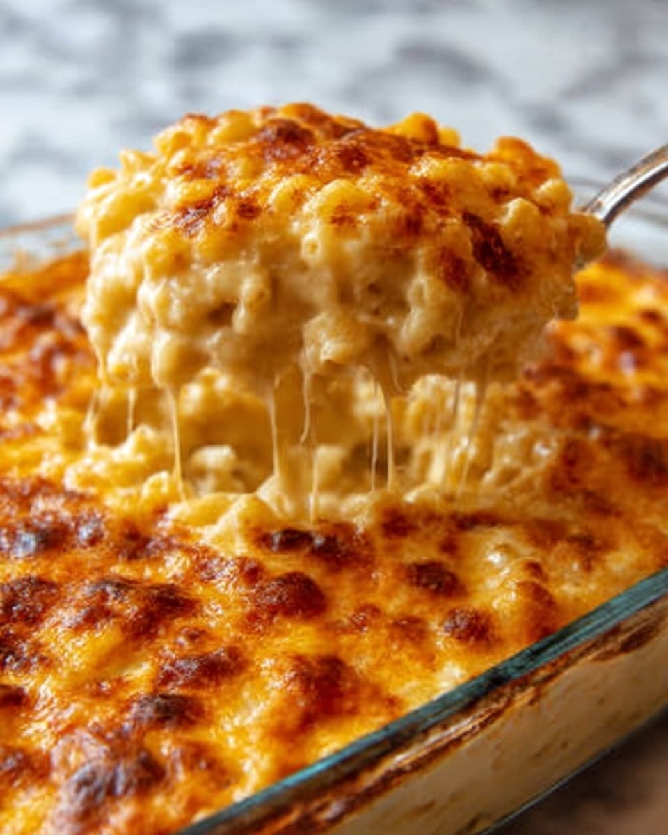 The image shows a close-up of a cheesy baked dish being scooped out with a utensil. The top layer is golden brown and bubbly melted cheese with some spots of darker browning. Below the cheese, there is a thick creamy layer of pasta, with melted strings of cheese stretching as the scoop lifts up. The dish looks rich and gooey with a slightly crispy top layer and a smooth, soft inside. The background is a white marbled surface. Photo taken with an iphone --ar 4:5 --v 7