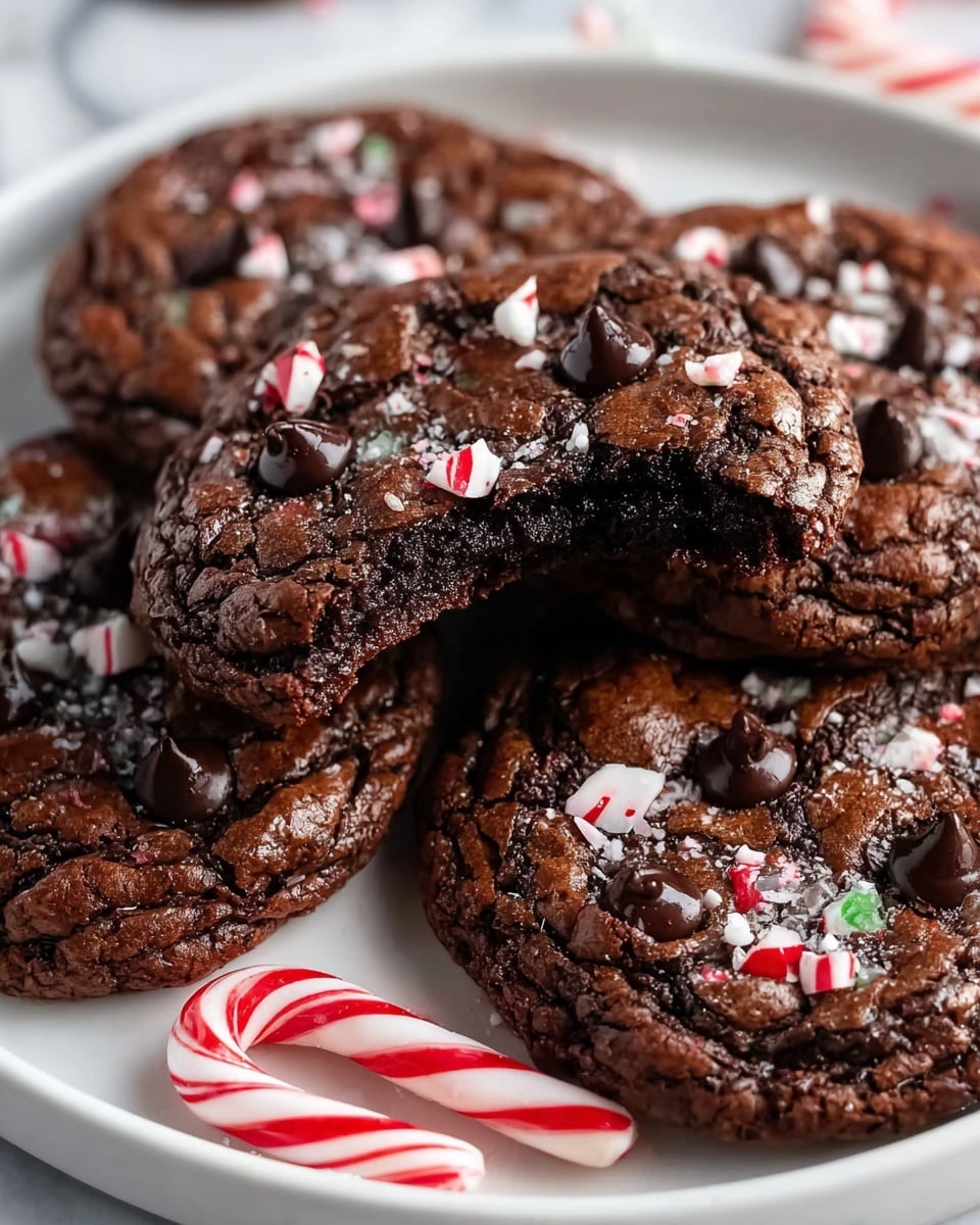 A close-up view of thick, dark chocolate cookies placed on a white plate over a white marbled surface. Each cookie has a rich, bumpy texture with shiny, melted chocolate chips lightly sunk into the top. The cookies are sprinkled with crushed peppermint candy, showing small red and white pieces scattered unevenly across their surface. One cookie is slightly raised, showing a bite taken out of it, revealing a moist, gooey dark chocolate inside. A whole red and white peppermint candy is resting near the cookies on the plate. photo taken with an iphone --ar 4:5 --v 7