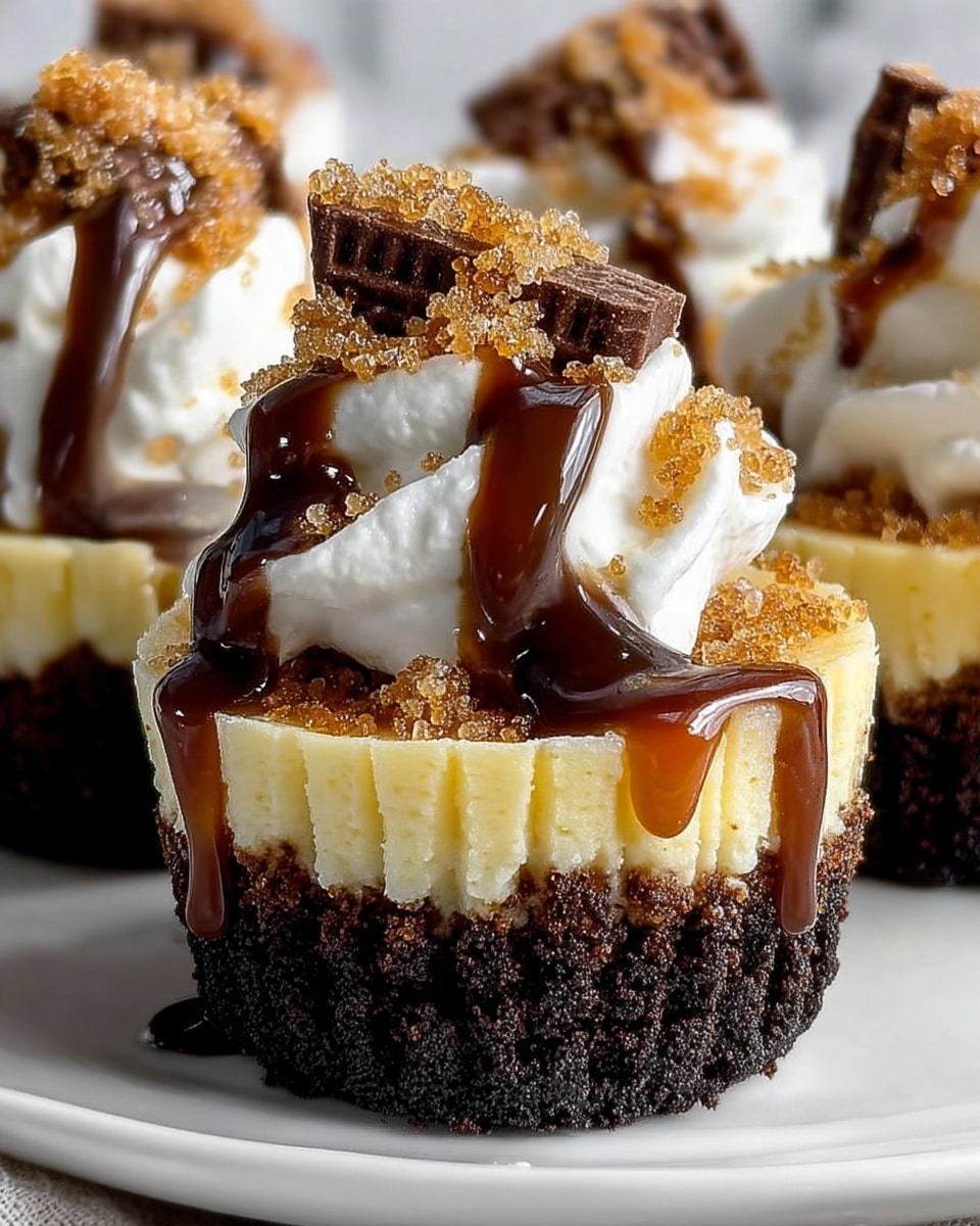 The image shows a close-up of a mini dessert cupcake with three distinct layers. The bottom layer is dark brown, crumbly, and textured like a chocolate crust. The middle layer is creamy, pale yellow, smooth, and thick like a cheesecake filling. The top layer features a swirl of white whipped cream, drizzled with dark chocolate sauce and light brown caramel sauce, both dripping down slightly onto the cheesecake layer. Brown sugar crystals are sprinkled generously over the whipped cream and sauces, adding a grainy texture. The cupcake sits on a white plate against a white marbled surface. photo taken with an iphone --ar 4:5 --v 7
