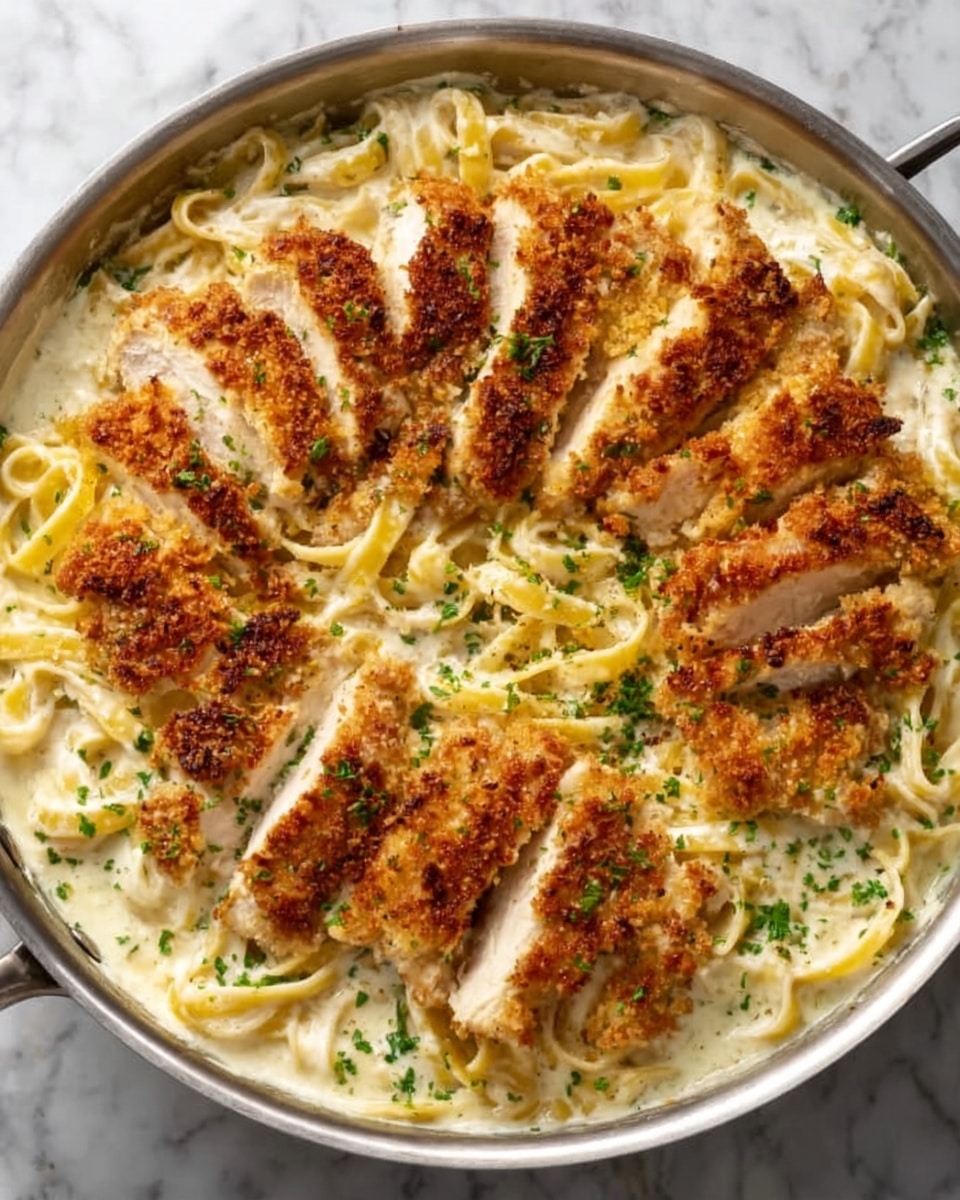 A white pan filled with creamy pasta covered evenly by two layers: the bottom layer is long, thin noodles in a light beige sauce with specks of green herbs; on top, slices of breaded chicken breast are arranged in a circular pattern, each piece showing a golden-brown crispy crust with some darker fried spots, giving it a crunchy texture. The background is a white marbled surface. Photo taken with an iphone --ar 4:5 --v 7