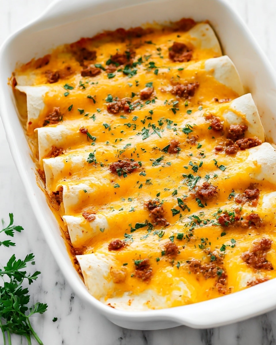 The dish shows a white ceramic baking dish filled with layered enchiladas. The base layer consists of soft white tortillas arranged side by side. On top of the tortillas, there is a thick layer of vibrant orange melted cheese that looks creamy and smooth. Scattered over the cheese are small pieces of browned ground meat, adding a textured look. There are sprinkles of chopped green herbs giving a fresh contrast to the warm colors. The edges of the baking dish reveal some sauce that is light orange and glossy, slightly bubbling around the sides. The setting includes a white marbled textured surface underneath the dish. photo taken with an iphone --ar 4:5 --v 7
