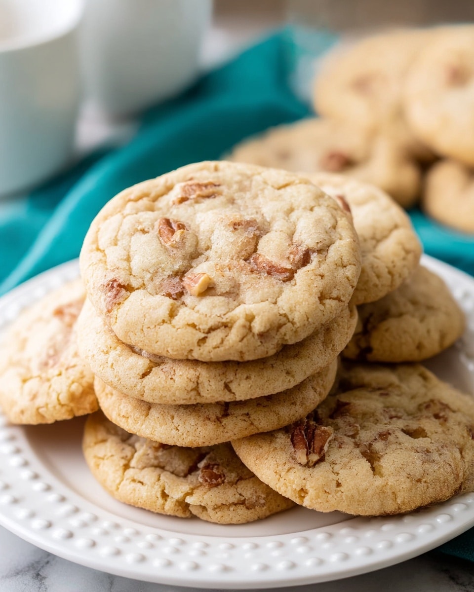 A close-up view of a stack of six soft, round cookies on a white plate with a raised dot pattern around the edge. The cookies are light golden brown with a slightly cracked surface, showing a chewy texture. Each cookie is filled with unevenly mixed small and medium-sized pieces of pecans, giving the cookies a nutty appearance with their darker brown color standing out against the lighter dough. The plate rests on a piece of teal cloth, and the background has a soft white marbled texture. photo taken with an iphone --ar 4:5 --v 7