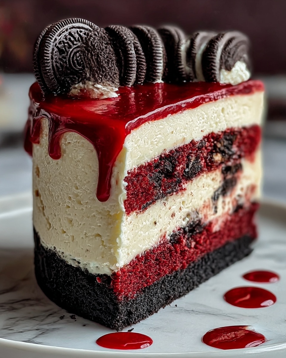 A slice of layered cake is shown on a white plate with a white marbled texture surface. The bottom layer is a dark, crumbly crust that looks like crushed chocolate cookies. Above it is a thick, creamy white cheesecake layer that has a smooth and slightly textured surface. The next layer is a red velvet cake mixed with visible pieces of dark chocolate cookies, creating a rich, dense red and black pattern. On top, there’s a shiny red glaze dripping down the sides of the red velvet layer, adding a glossy look. Four whole chocolate sandwich cookies are placed upright on top in a row, partially embedded in the glaze. Some red sauce droplets are on the plate near the cake. photo taken with an iphone --ar 4:5 --v 7