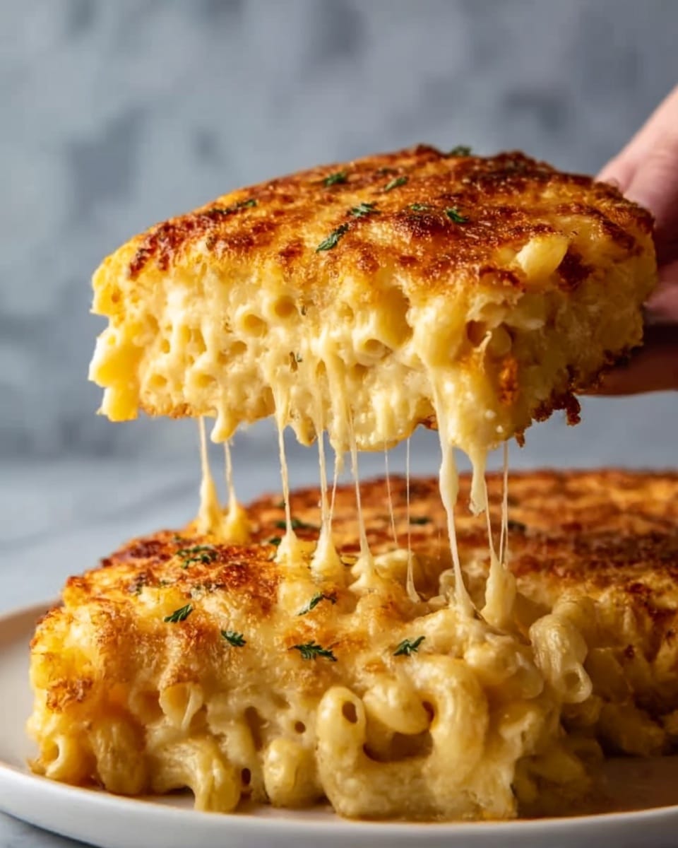 The image shows a close-up of a cheesy macaroni and cheese serving being lifted, with golden browned cheese on the top layer and gooey, stretchy melted cheese underneath. The macaroni noodles are creamy yellow, soft, and covered in rich cheese sauce, with visible browned edges and some green herb sprinkles on top. The background is a white marbled texture. Photo taken with an iphone --ar 4:5 --v 7