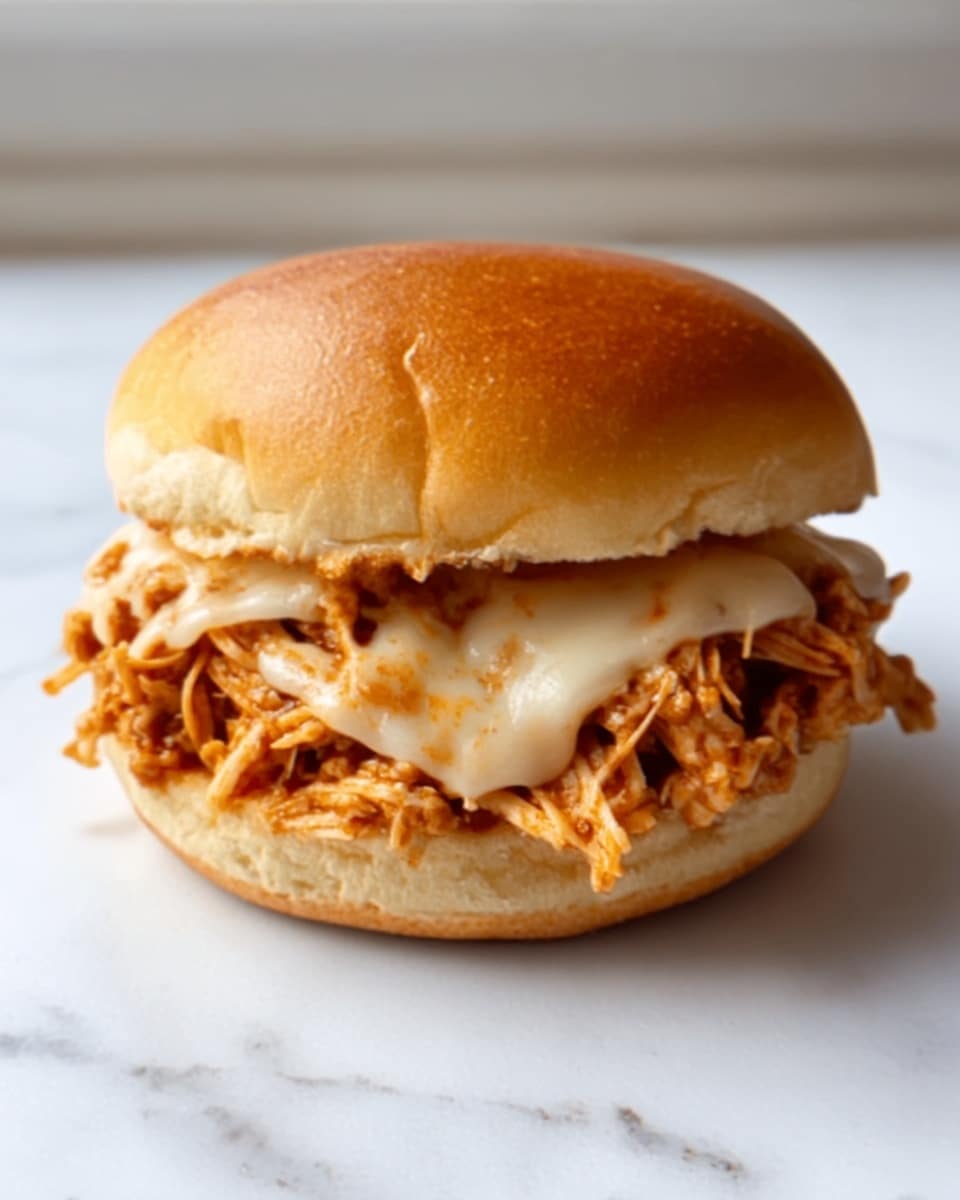 A close-up image of a sandwich placed on a white plate against a white marbled surface background. The sandwich has a soft, golden-brown bun top with a slightly shiny texture. Inside, there are two main layers: the shredded chicken mixed with a reddish barbecue sauce showing a moist, fibrous texture, and the melted white cheese layered evenly on top of the chicken. The bottom bun is soft and light golden in color, holding the filling neatly. The photo is clear and bright, showing the sandwich from a side angle. Photo taken with an iphone --ar 4:5 --v 7