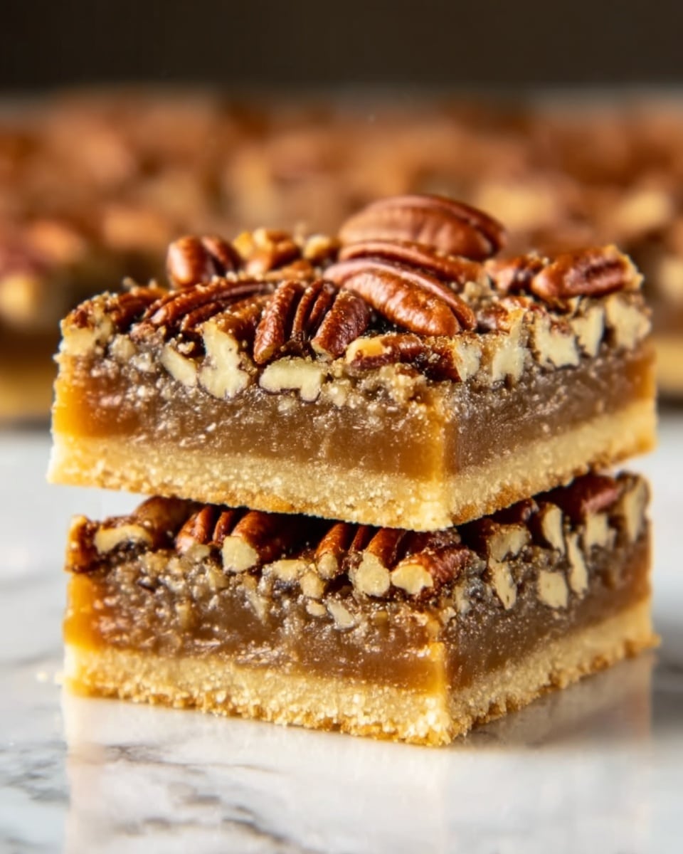 The image shows two square bars stacked on top of each other on a white marbled surface. Each bar has three layers: the bottom layer is a light golden brown crust, the middle layer is a gooey, amber-colored caramel, and the top layer is covered with a mix of whole and chopped pecans in dark and light brown shades. The texture of the pecans looks crunchy, contrasting with the smooth caramel and crumbly crust. The bars are well-lit, with a shallow focus that blurs the background. Photo taken with an iphone --ar 4:5 --v 7