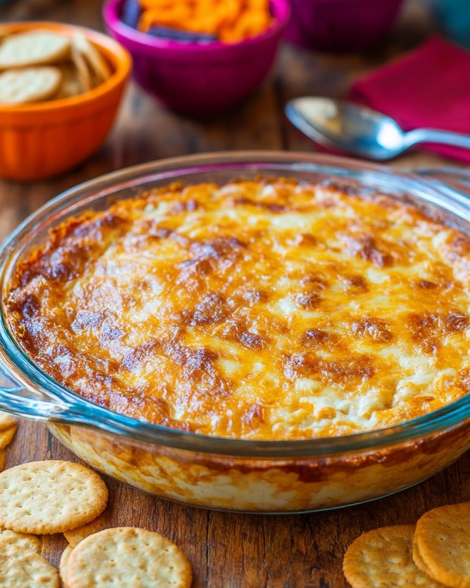 The image shows a round clear glass dish filled with a cheesy dip that has a golden brown melted cheese layer on top. The dip has a creamy white base with browned spots from the oven. The dish is placed on a wooden surface alongside a silver spoon, some round crackers, and two bowls, one orange and one pink, with snacks inside. The overall setting is warm and inviting, highlighting the smooth melted cheese texture and bubbly surface of the dip. photo taken with an iphone --ar 4:5 --v 7