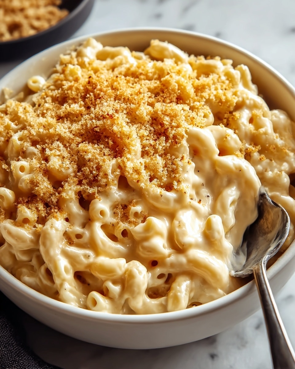 The dish shows a close-up of creamy macaroni and cheese in a white bowl. The pasta is elbow-shaped and covered with a rich, smooth, yellowish cheese sauce. On top, there is a golden-brown crumb topping evenly spread, offering a slightly crunchy texture. The bowl sits on a cloth with a white marbled surface underneath, and a spoon rests inside the bowl, partially dug into the macaroni. photo taken with an iphone --ar 4:5 --v 7