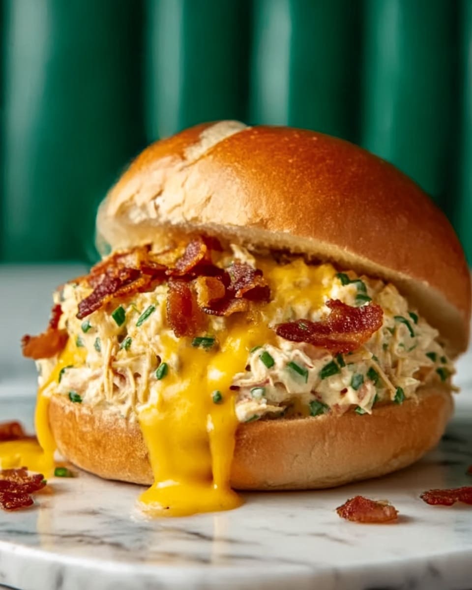 A close-up image of a chicken sandwich with a soft, light brown bun on top and bottom. The sandwich is filled with creamy chicken salad mixed with fresh herbs, which looks white with green bits. On top of the chicken salad, there is melted bright orange cheddar cheese dripping slightly down the sides. Crisp bacon bits with a reddish-brown color are sprinkled over the cheese. The sandwich is placed on a white marbled surface. photo taken with an iphone --ar 4:5 --v 7