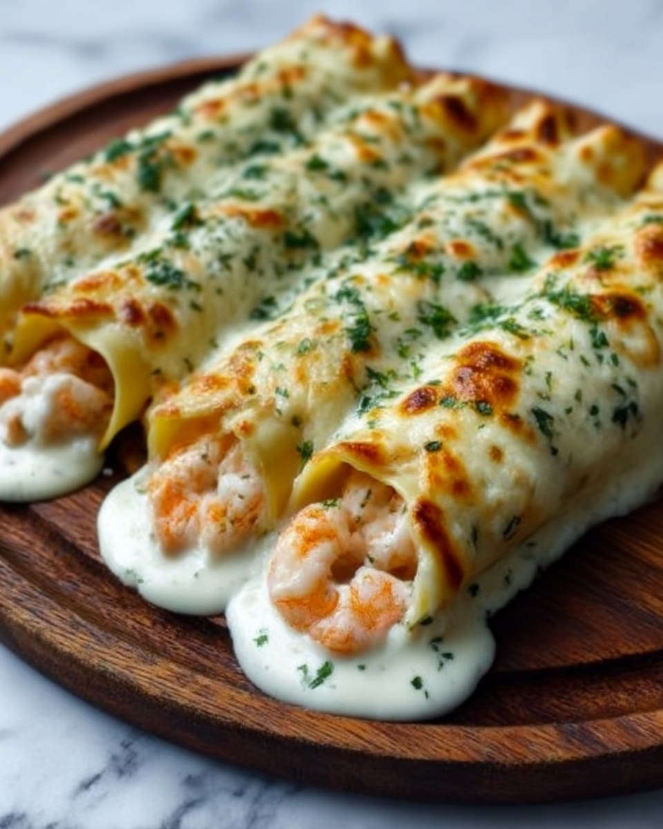 Three rolled crepes are arranged side by side on a round wooden board. Each crepe is filled with small shrimp and topped with a creamy white sauce that overflows slightly at the edges. The crepes are covered with melted cheese that is golden brown in spots and sprinkled with finely chopped green herbs. The background is a white marbled texture. Photo taken with an iphone --ar 4:5 --v 7