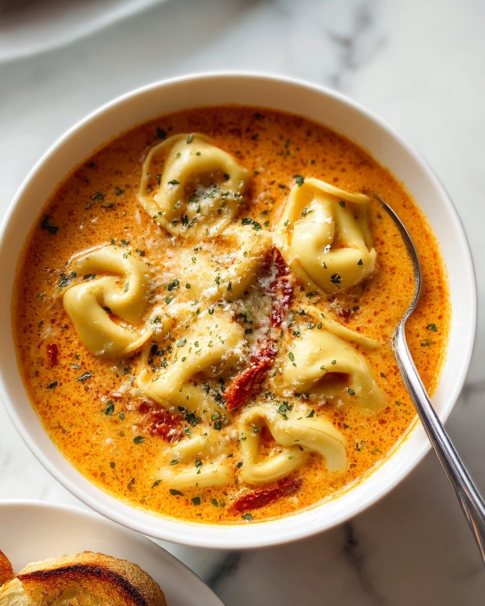 A white bowl filled with creamy orange soup with small red oil specks on the surface, containing several yellow tortellini pasta pieces floating on top, scattered with green herb flakes and small bits of grated cheese. The soup has a smooth texture with some visible pepper flakes and pieces of dried tomatoes. A silver spoon rests inside the bowl on the right side. The bowl sits on a white marbled surface next to a plate with toasted bread pieces visible in the left corner. Photo taken with an iphone --ar 4:5 --v 7
