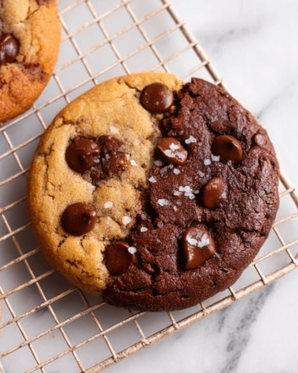 The image shows a close-up of a cookie with two halves, one side is light brown and the other side is dark chocolate brown. The cookie is round with a slightly rough texture, and both sides are topped with scattered shiny chocolate chips. It sits on a black cooling rack on top of a white marbled surface. Small salt flakes are visible on the dark chocolate side, adding texture contrast. Another cookie is partially visible in the top right corner and bottom right corner, both showing the same two-tone design. Photo taken with an iphone --ar 4:5 --v 7
