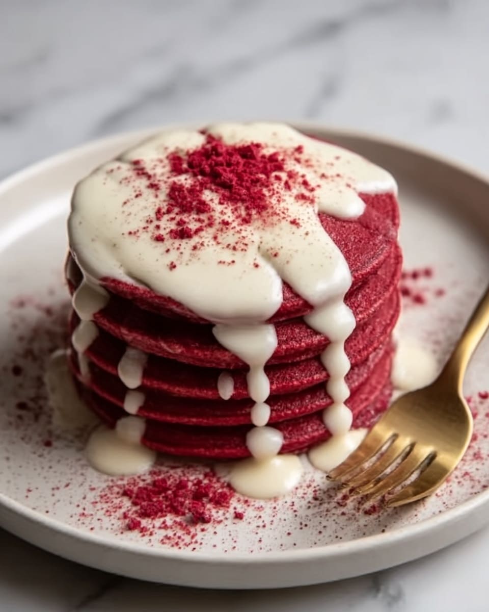A stack of six deep red pancakes sits in the center of a large white plate with a gold rim. The pancakes have a smooth texture and even edges. Creamy white sauce is generously drizzled over the top, flowing down the sides of the pancakes and pooling slightly at the base. Red powder is sprinkled over the pancakes and the plate, adding a delicate contrast to the white sauce. A gold fork lies on the right side of the plate, resting on the white marbled surface beneath. photo taken with an iphone --ar 4:5 --v 7