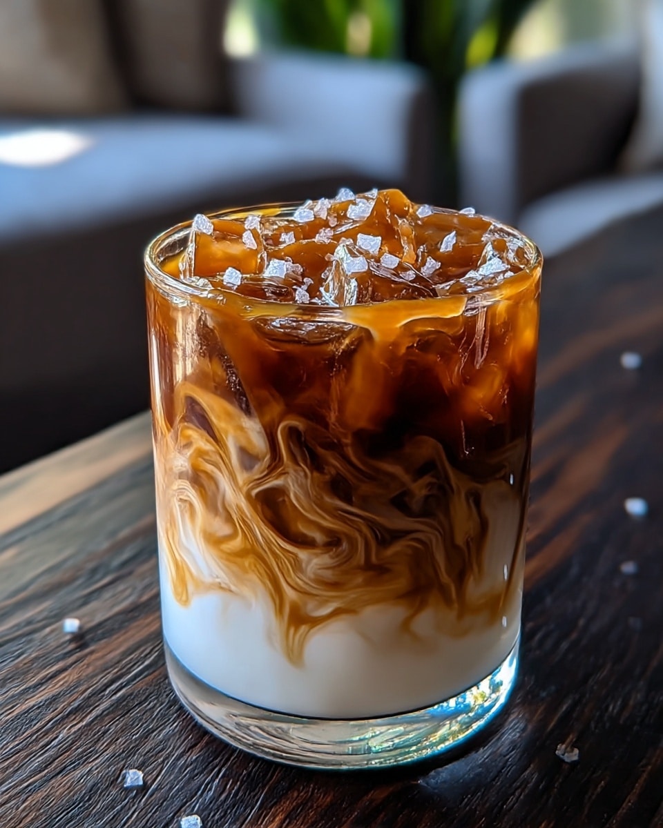 A clear glass filled with an iced drink showing three layers: the bottom layer is milky white, the middle layer has swirling caramel brown liquid mixing into the milk, and the top layer is dark iced coffee with ice cubes scattered around. The top is drizzled with caramel sauce and sprinkled with coarse white salt flakes. The glass sits on a dark wood surface with a blurred background. Photo taken with an iphone --ar 4:5 --v 7