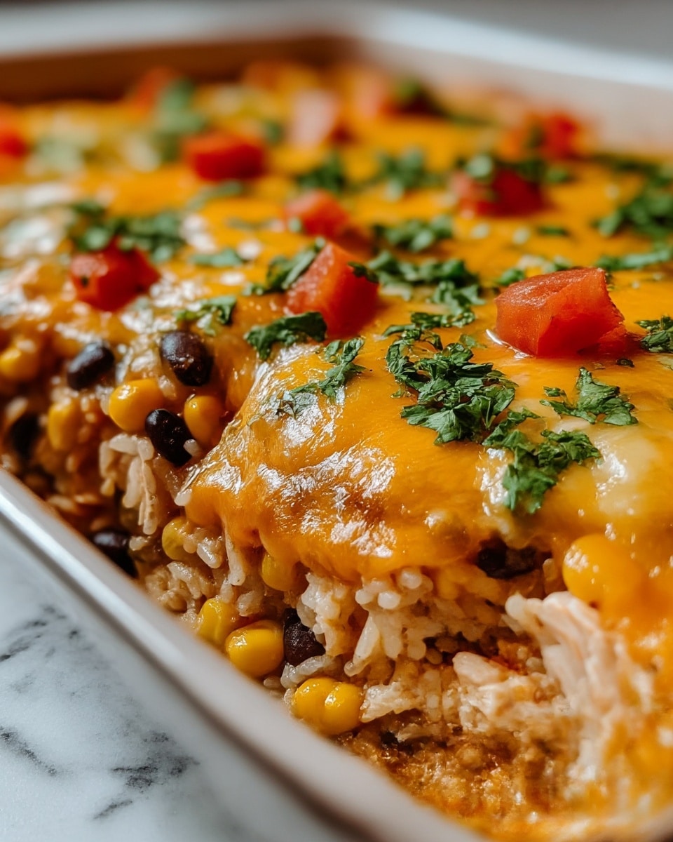 The image shows a close-up of a baked dish with three main layers. The bottom layer is white rice mixed with yellow corn kernels and some black beans, creating a textured base. Above that is a layer with pieces of light-colored cooked chicken mixed into the rice. The top layer is a thick, melted orange-yellow cheese that stretches slightly, covering the ingredients below. Small red tomato pieces and chopped green cilantro leaves are sprinkled on the cheese, adding color contrast. The dish is in a white baking dish, set against a white marbled surface. photo taken with an iphone --ar 4:5 --v 7