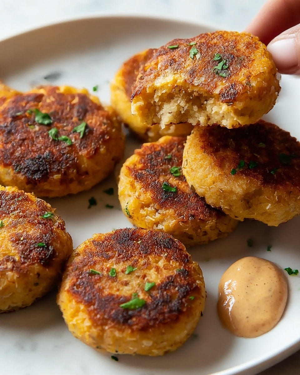 The image shows several pan-fried patties arranged closely on a white plate, each patty having a thick and round shape with a golden brown crust on the top and sides. The surface of the patties is slightly rough with some crispy dark brown spots and small bits of seasoning visible. Each patty has a light, soft inside with bits of yellow corn and black pepper specks. Some finely chopped green herbs are sprinkled lightly on top for color contrast. There is also a small dollop of a creamy orange sauce on the plate near the patties. The plate rests on a white marbled textured surface. photo taken with an iphone --ar 4:5 --v 7