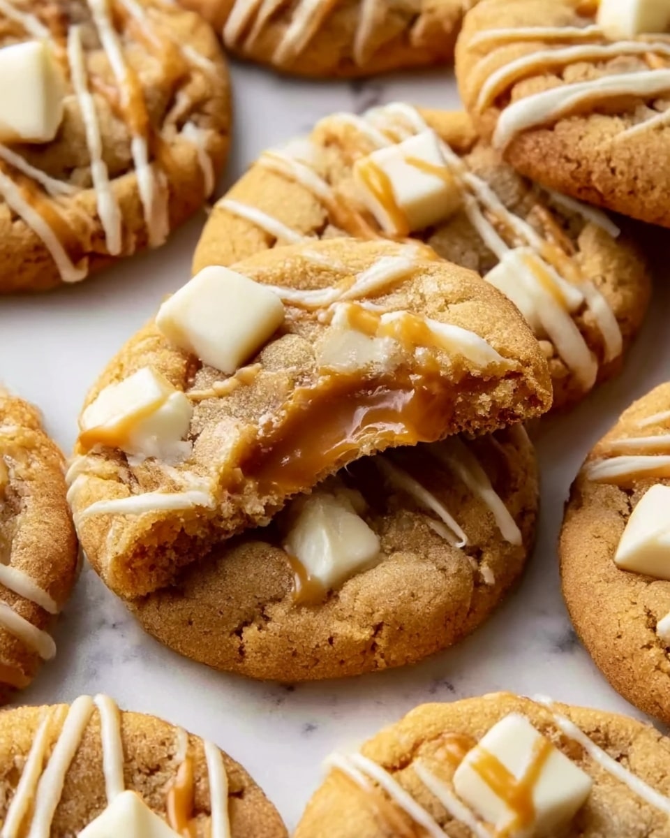 A close-up image shows soft, round cookies arranged closely together on a white marbled surface. Each cookie has a golden-brown base with a slightly cracked texture. On top, there are small white chocolate chunks placed unevenly, and a gooey caramel layer is visible inside the bitten cookie, showing a sticky, rich texture. Light brown lines of drizzled milk chocolate cover the cookies randomly, adding a glossy contrast. The overall look is warm and inviting, highlighting the mix of smooth, creamy, and crunchy textures. Photo taken with an iphone --ar 4:5 --v 7