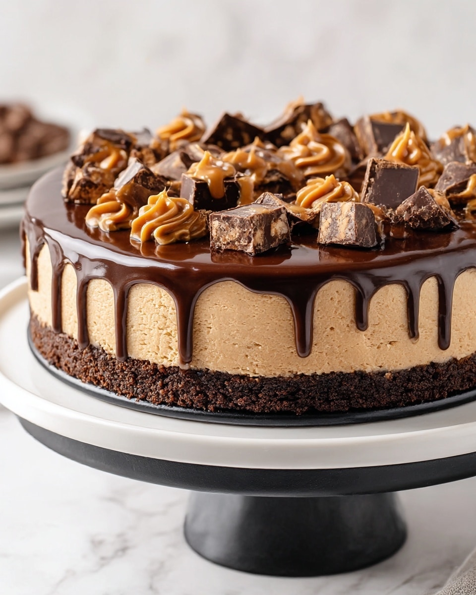 A rich three-layer dessert sits on a white marble cake stand with a black base: the bottom layer is a dark, crumbly chocolate crust; the middle layer is thick, smooth peanut butter cheesecake with a light brown color; the top layer is a glossy, dark chocolate ganache that drips down the sides in thin streams. The surface of the ganache is covered with pieces of chocolate squares and swirls of creamy peanut butter, creating a textured and indulgent look. photo taken with an iphone --ar 4:5 --v 7