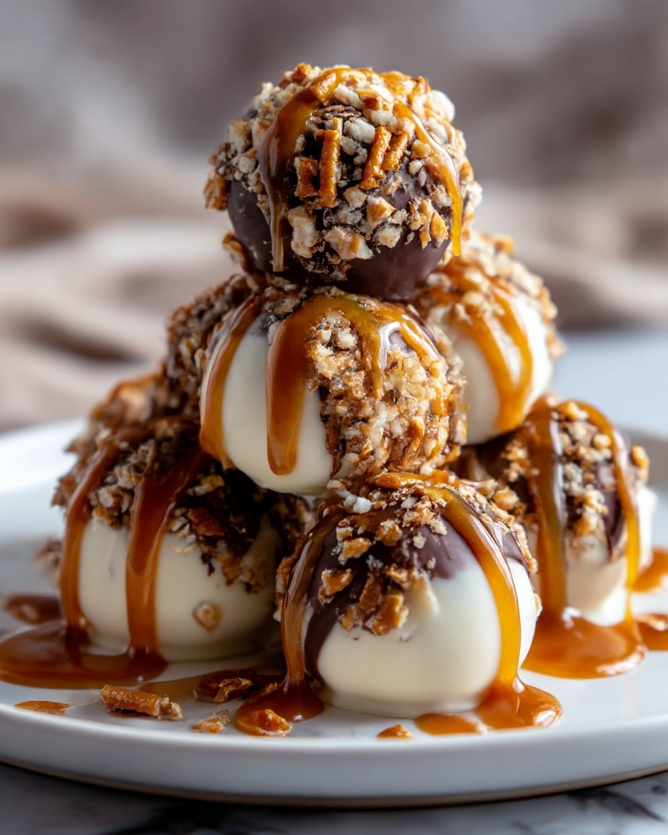 The image shows a stack of six round dessert balls on a white marbled surface, each covered in a thick layer of chocolate and crushed nuts creating a rough texture. The dessert balls have a color pattern with white chocolate on the lower half and dark chocolate on top, showing a clear division in the middle. Golden caramel sauce is drizzled generously over the top ball and drips down onto the others below, adding a shiny, smooth contrast against the crunchy nuts. Some broken pretzels are scattered around the base, adding texture and a rustic touch to the display. Photo taken with an iphone --ar 4:5 --v 7