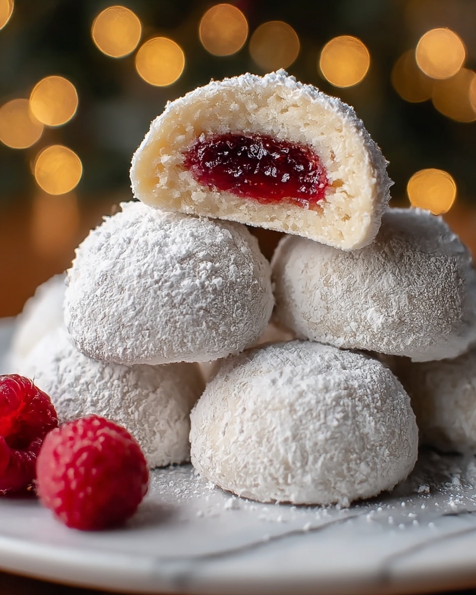 The image shows a pile of four snowball-like dessert balls coated thickly in white powdered sugar, creating a rough, snowy texture on the outside. One of the balls is cut in half and positioned on top, revealing a smooth, beige outer layer surrounding a bright, glossy red jam filling at the center. The balls rest on a rustic brown plate with extra powdered sugar sprinkled around. Fresh, red raspberries are placed to the side on the plate, adding vivid color contrast. The background features soft, warm bokeh lights with a dark, blurred setting, and the surface beneath the plate is a white marbled texture. photo taken with an iphone --ar 4:5 --v 7