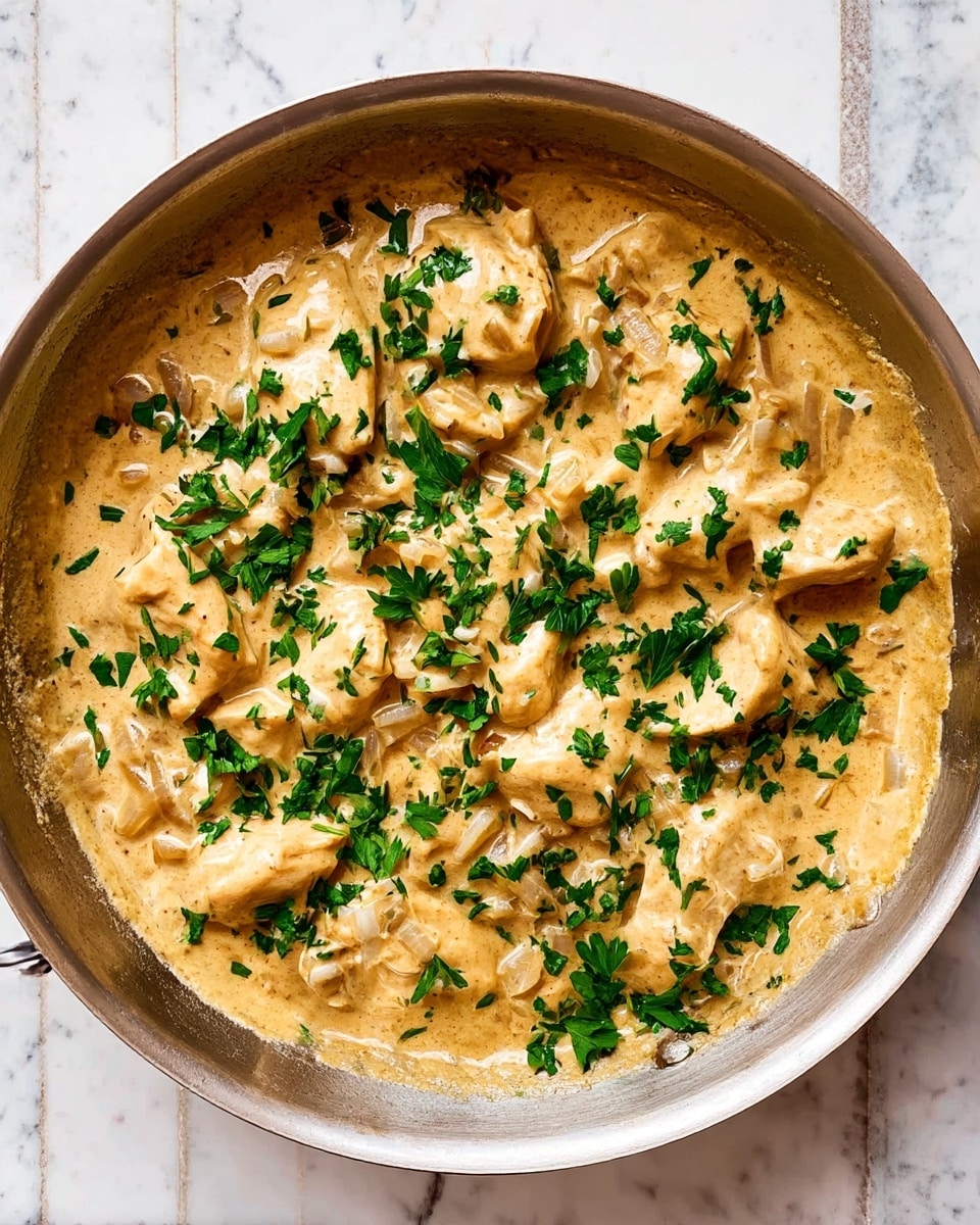 A silver pan filled with creamy light brown chicken pieces cooked in a thick sauce with visible small bits of onion and herbs, topped with fresh green parsley leaves scattered evenly over the top. The pan rests on a white marbled surface. The sauce covers the chicken fully, with the creamy texture and light brown color dominating the image, and the bright green parsley adds a fresh pop of color. photo taken with an iphone --ar 4:5 --v 7