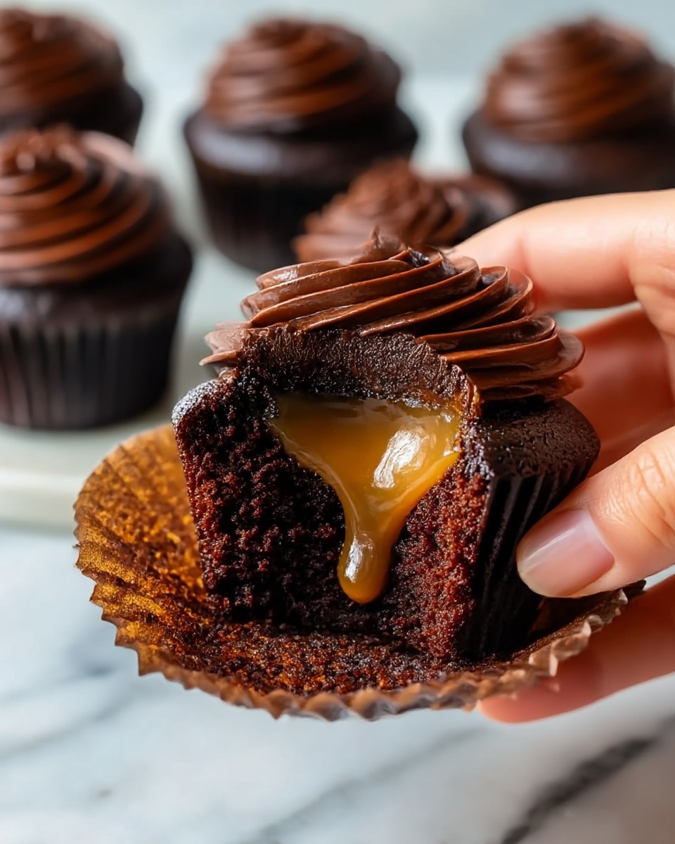 A close-up of a dark chocolate cupcake held by a woman's hand, with three visible layers: the bottom layer is a rich, moist dark chocolate cake, the middle layer is a glossy, thick caramel sauce oozing slightly from the center, and the top layer is a smooth, swirled dark chocolate frosting piped in a circular pattern around the caramel. The cupcake is partially unwrapped from its brown paper liner. In the blurred background, several more cupcakes with the same three layers can be seen, all sitting on a white marbled surface. photo taken with an iphone --ar 4:5 --v 7