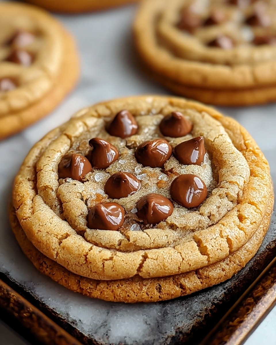 The image shows a close-up of a single round chocolate chip cookie with a cracked texture and a slightly raised edge. The cookie has two visible layers, both golden brown with a soft yet chewy appearance. The center is slightly melted with glossy, dark brown chocolate chips scattered on top, creating a shiny texture that contrasts with the matte outer cookie surface. The cookie rests on a dark baking sheet with other blurred cookies in the background, all on a white marbled texture surface. photo taken with an iphone --ar 4:5 --v 7
