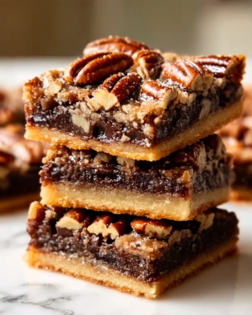 The image shows a stack of three square pecan bars on a white marbled surface. Each bar has three layers: a golden-brown, firm-looking bottom crust, a dark brown, gooey middle layer with melted chocolate and pecans, and a top layer of whole and broken pecans with a shiny glaze. The bars have a slightly crumbly texture on the edges and look rich and dense, with the pecans adding uneven, crunchy texture on top. The background is softly blurred, focusing attention on the layered bars in natural light. Photo taken with an iphone --ar 4:5 --v 7
