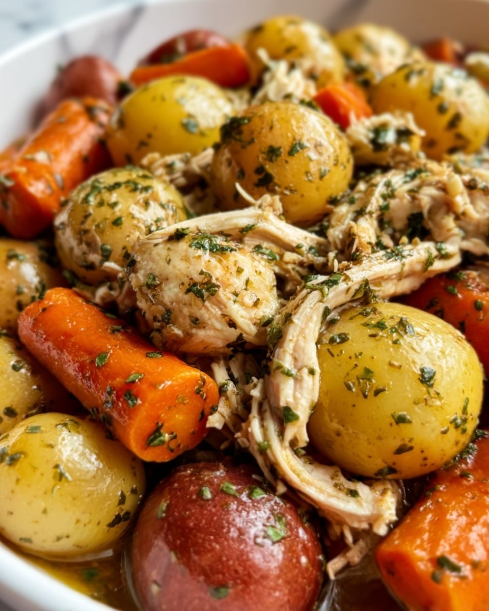 The image shows a close-up of a dish with shredded chicken mixed with whole baby potatoes in yellow and red, and large pieces of cooked carrots, all covered with green herbs and seasonings. The chicken looks soft and juicy with visible herbs on top. The potatoes have a smooth, slightly shiny skin, and the carrots appear tender with a bright orange color. The ingredients are layered closely together, filling a white bowl placed on a white marbled surface. Photo taken with an iphone --ar 4:5 --v 7