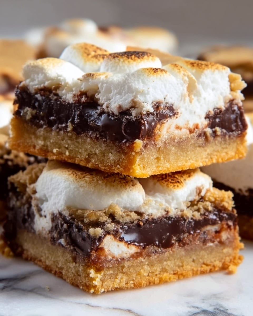 The image shows three square dessert bars stacked on each other on a white marbled surface. Each bar has three layers visible from the side: a golden brown crumbly base at the bottom, a thick dark brown chocolate layer in the middle, and a white marshmallow layer on top that looks soft and gooey. The top browned cookie crust covers the marshmallow layer unevenly with bits of chocolate and crumbs scattered around. The texture appears rich and dense with a mix of smooth chocolate and fluffy marshmallow. Photo taken with an iphone --ar 4:5 --v 7