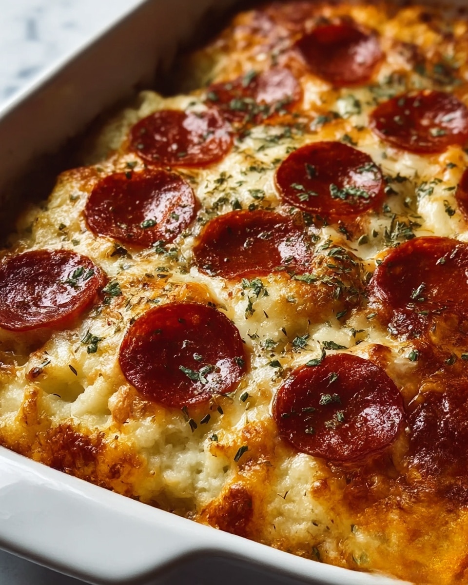 A close-up view of a pepperoni pizza casserole in a white rectangular dish, showing one thick layer of golden-brown melted cheese with crispy edges, topped with shiny, dark red pepperoni slices evenly spaced, and sprinkled with green dried herbs, all resting on a soft, fluffy base that peeks through the cheese in places, placed on a white marbled surface. photo taken with an iphone --ar 4:5 --v 7