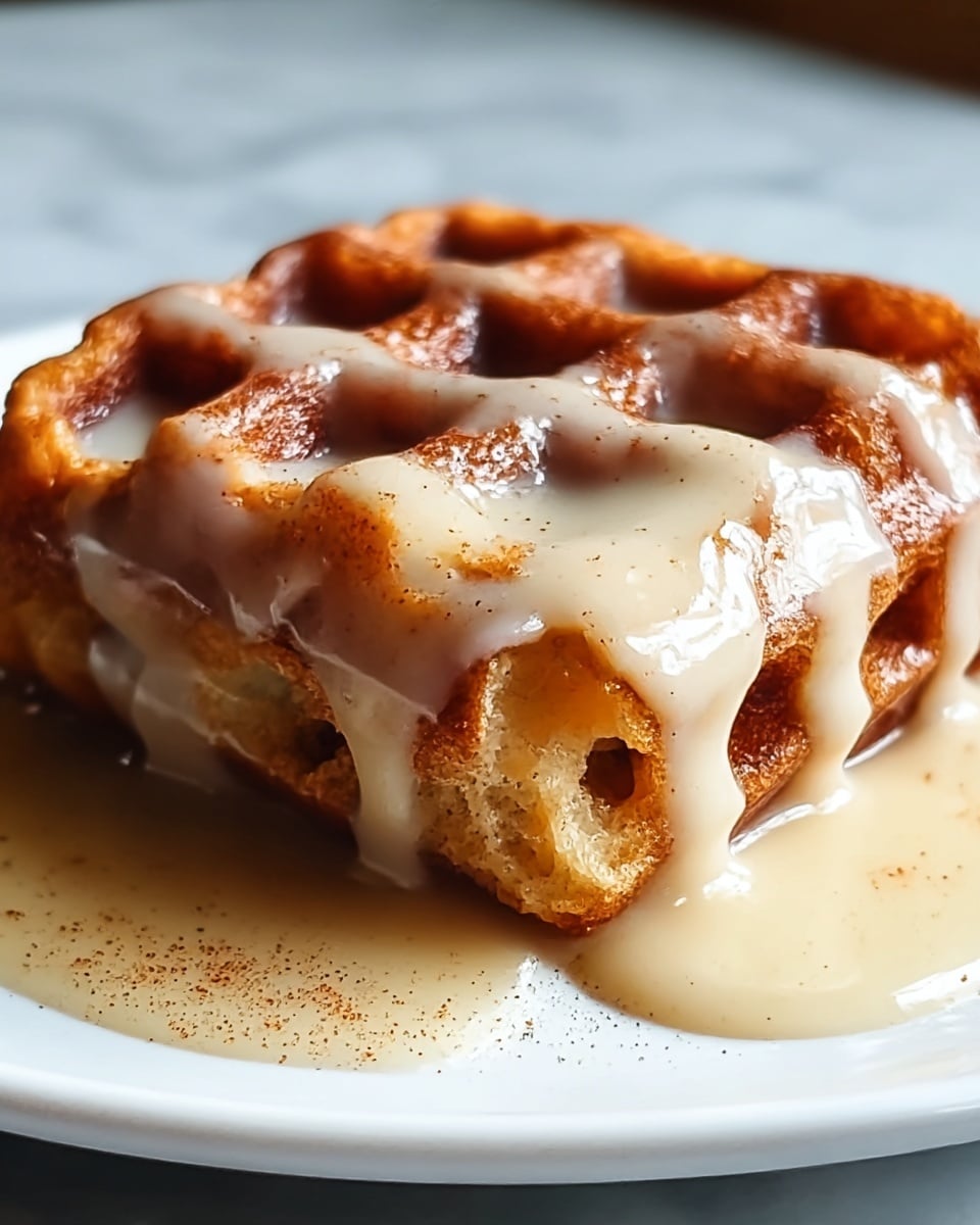 A close-up of a square waffle piece with a thick crispy brown surface, showing its inner soft, airy texture with visible holes. The waffle is covered by a creamy light beige sauce that drips down the sides and pools on the white plate beneath it, with darker cinnamon specks sprinkled lightly on top and mixing into the sauce. The waffle sits centered on a white plate that rests on a white marbled surface. photo taken with an iphone --ar 4:5 --v 7