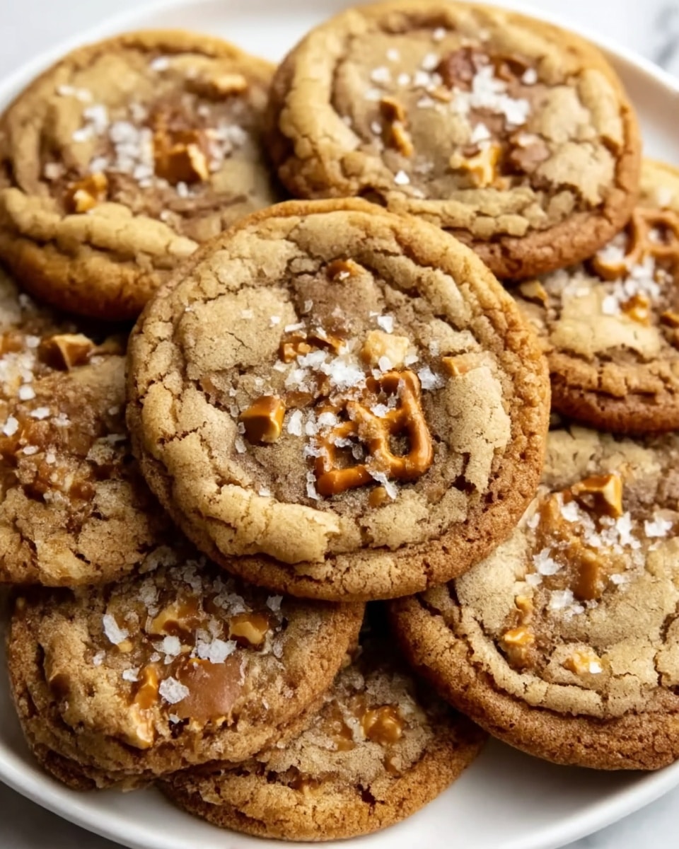A close-up view of a cluster of round cookies on a white plate, each cookie showing a soft, cracked texture with golden-brown edges and a slightly lighter brown center. The top of each cookie is sprinkled with coarse white salt crystals and small pieces of crunchy, caramel-colored pretzel bits. The cookies look thick and chewy with a slightly rough surface that shows the melted bits inside. The plate sits on a white marbled surface. Photo taken with an iphone --ar 4:5 --v 7